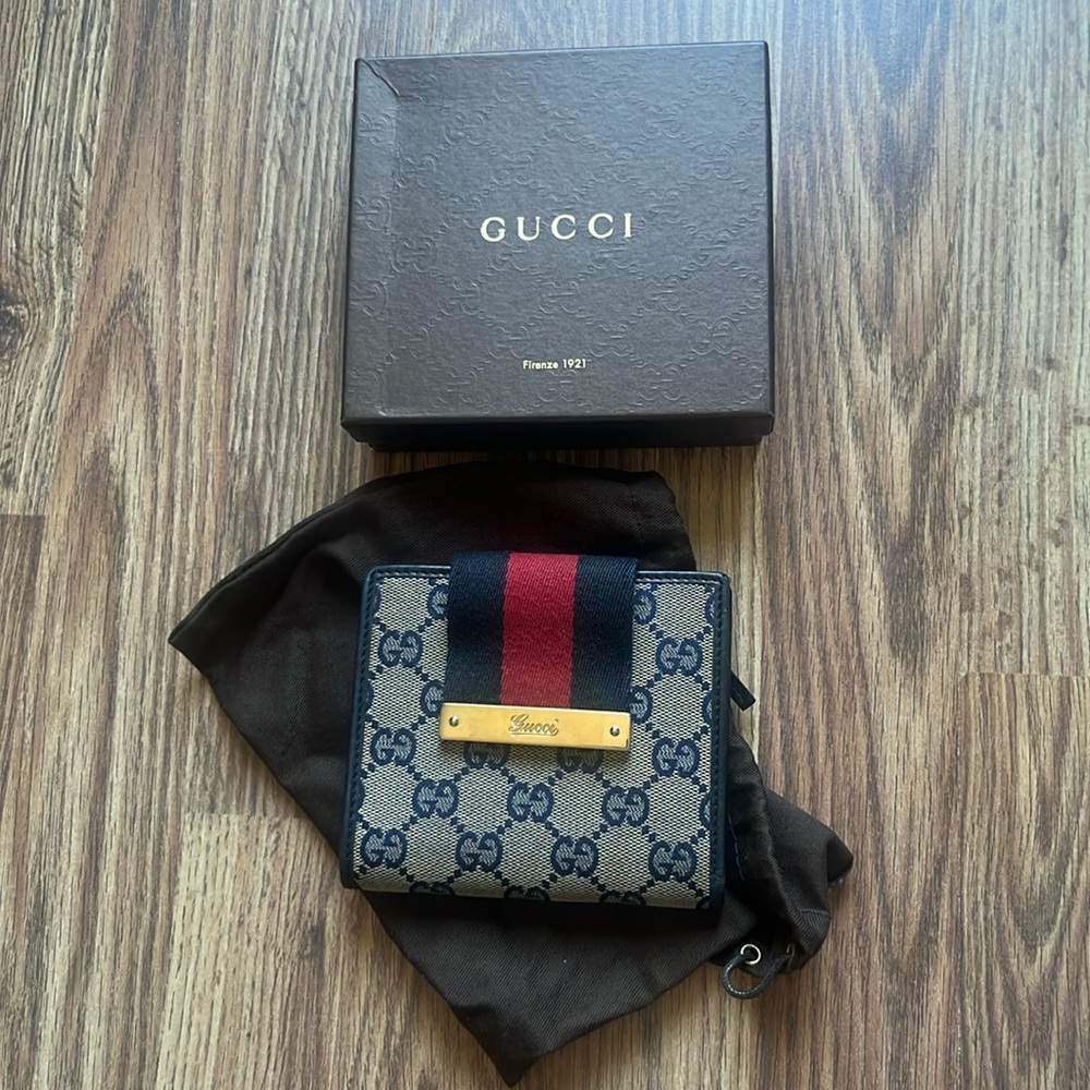 Gucci GG Web Sherry Line bi-fold Wallet Navy & Red